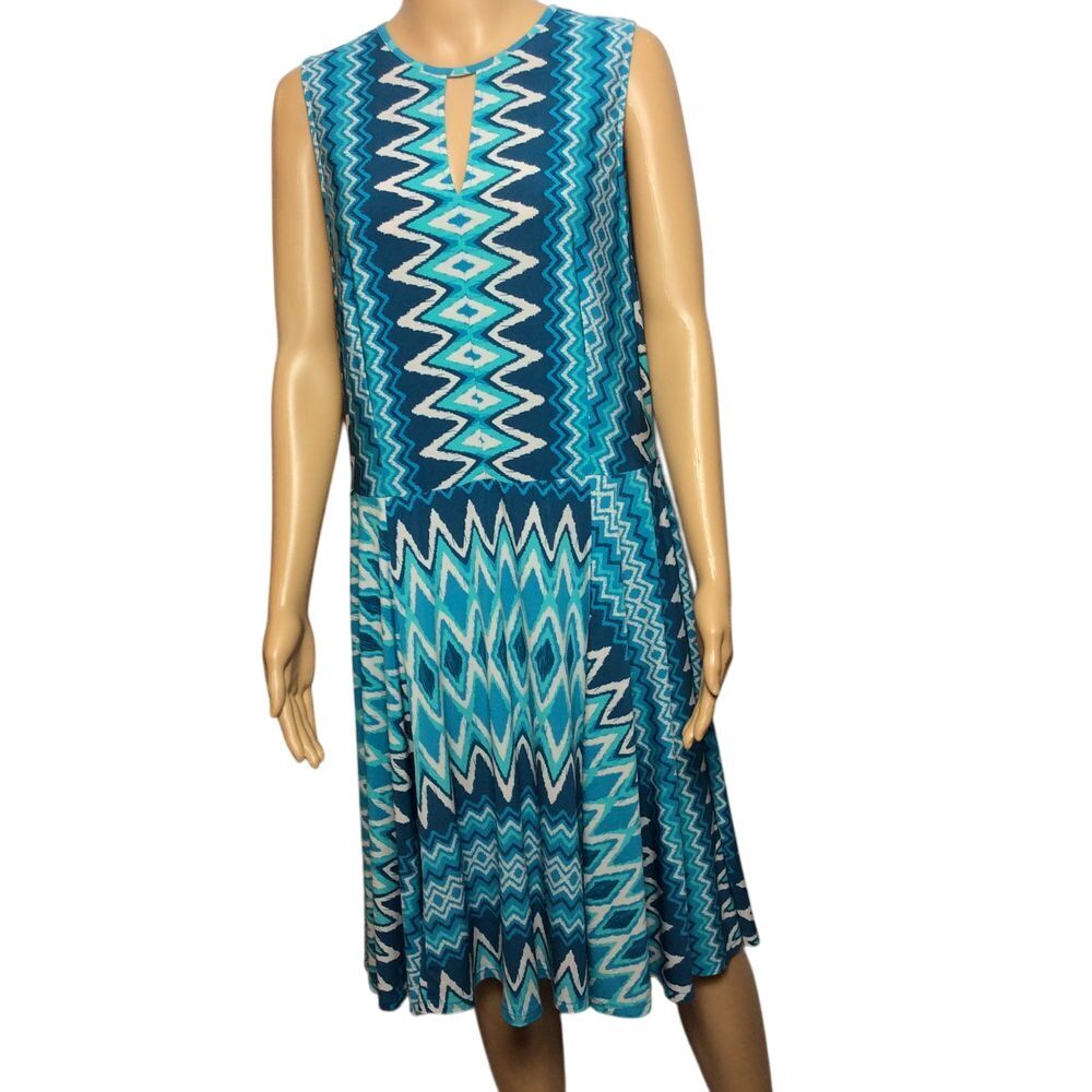 Turquoise Chevron Print Cutout Drop Waist Dress Summer Beach Vacation Size 16‎
